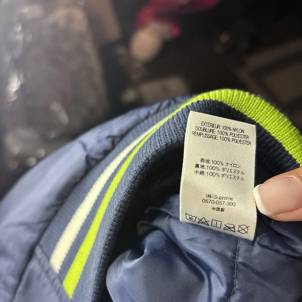 Supreme Team Varsity Jacket Navy Lime Green FW20 Script Logo NY Spellout Size M